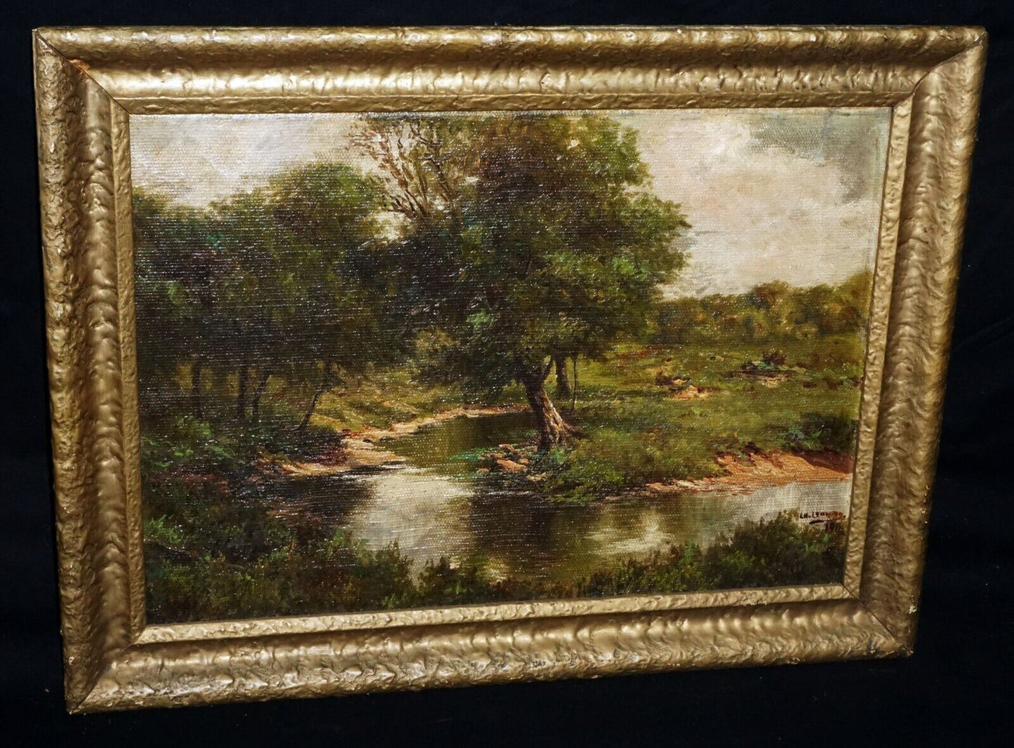 1911 US Framed Oil Painting Country Stream & Tree by L.H. Lemong (?) (New)