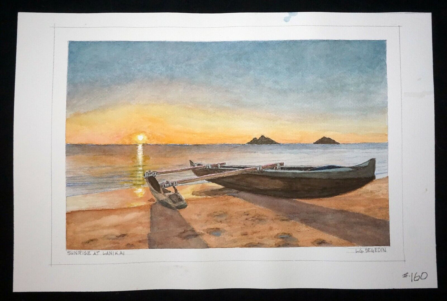 Hawaii Watercolor Painting Outrigger Canoe Sunrise @ Lanikai by L. Segedin #160