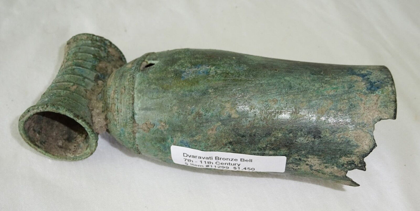 7-11C Thai Dvaravati Period Lop Buri Bronze Bell w. Tube Holder - Excavated