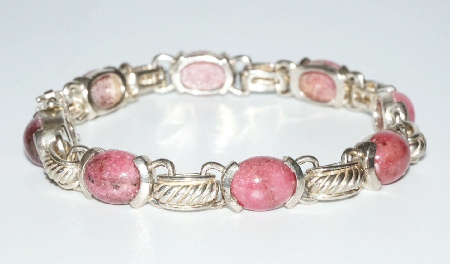 Vintage Hong Kong Sterling Silver Bracelet w 8x Oval Rhodonite Accents (SaR)#204