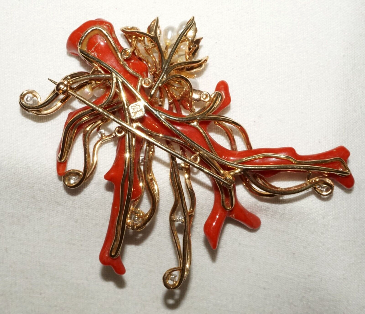 Vintage HK 14K Yellow Gold Brooch Pendant w Coral Branch Pearls & Diamonds (PaS)