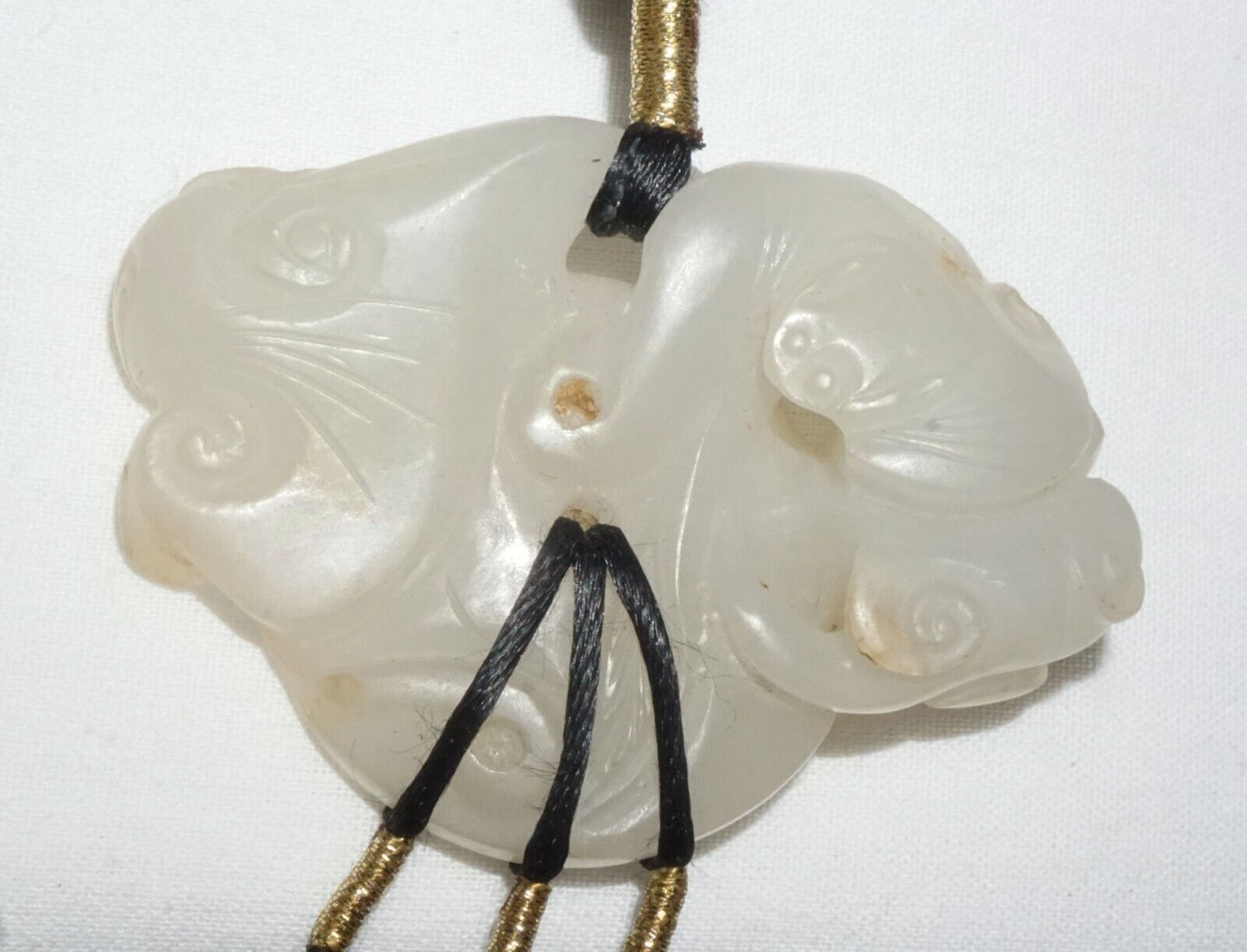 19C Chinese Nephrite Jade Pendant w. Bat & Coin Motif on Cord Necklace (FeL)