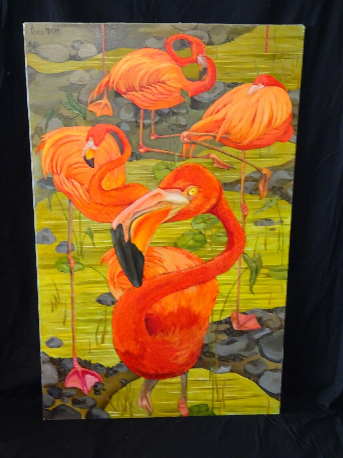 Vintage US Whimsical Acrylic Painting "The Four Flamingos" by Laura Norton (ScD)