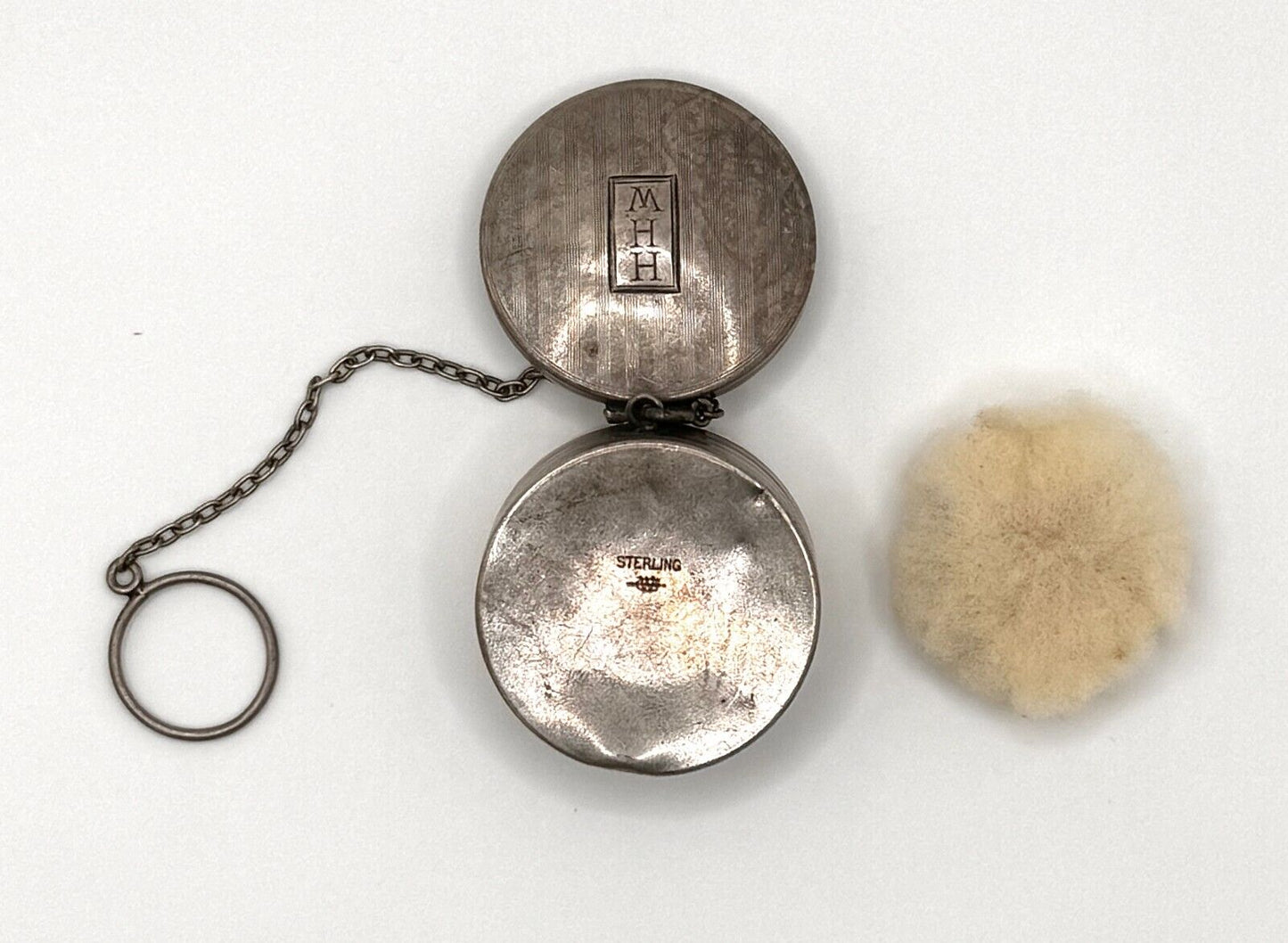 Art Deco Sterling Silver Compact or Powder Box w Mirror & HHW Monogram (WeP)