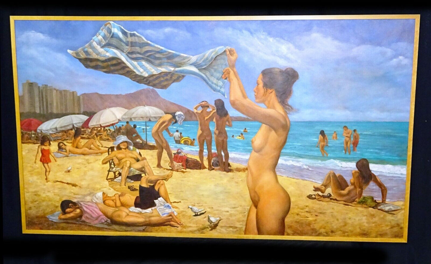 Hawaii Oil Painting "Clothing Optional @ Waikiki Beach" by Snowden Hodges (Sho)