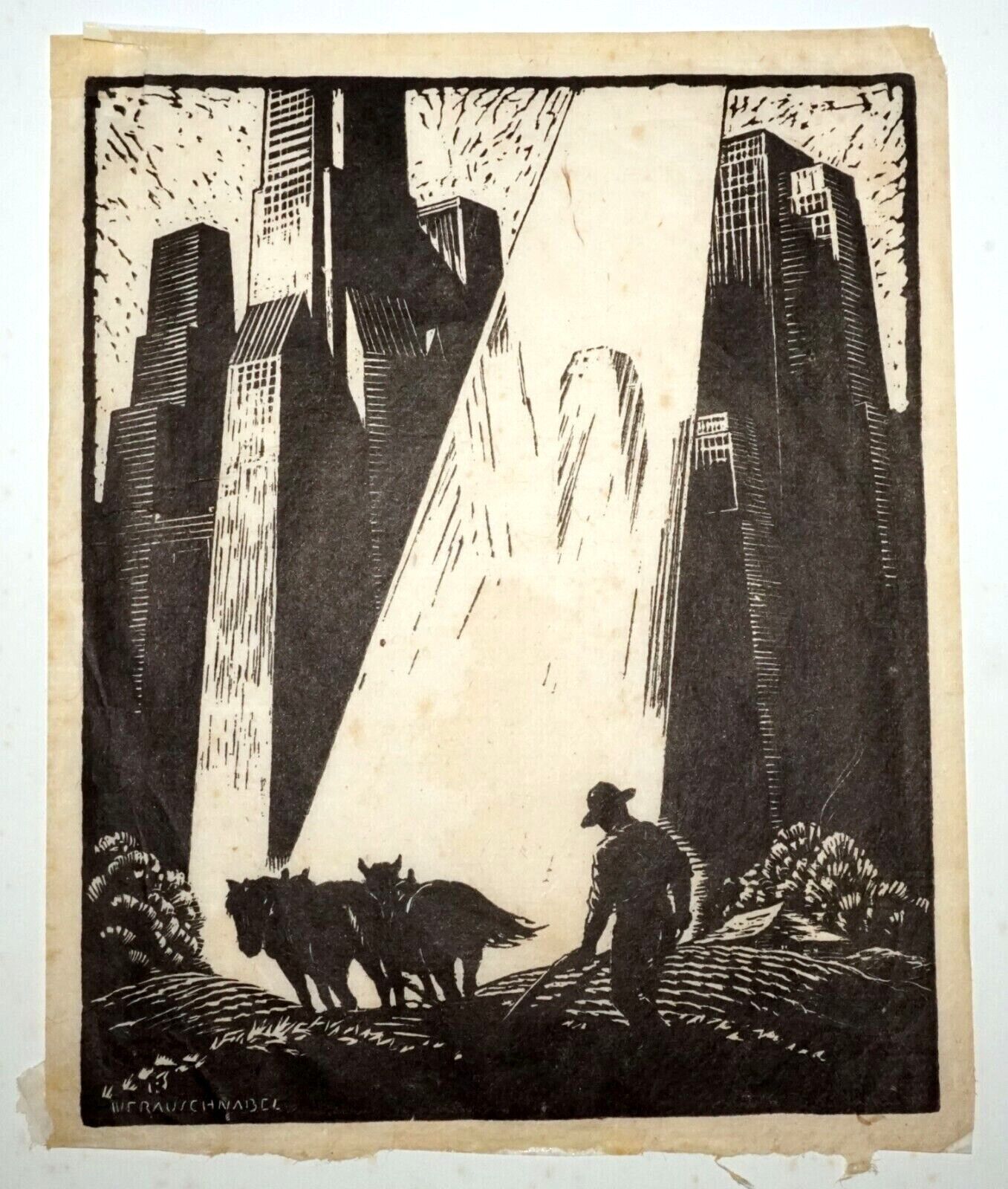 1940s US Lino Cut Print "Old & New" William Fredrick Rauschnabel (1883-1947)(FeH
