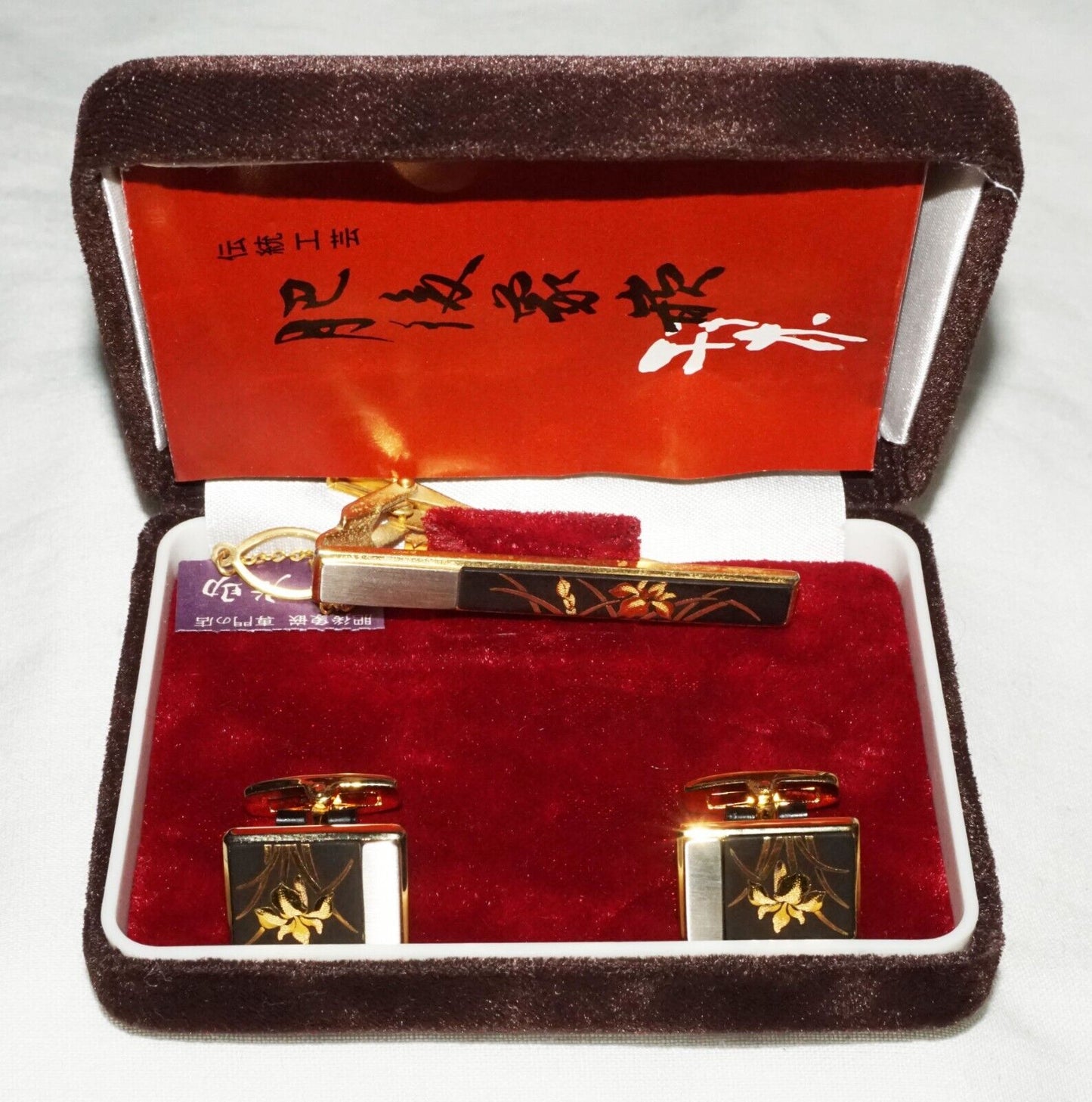 3Pc Japanese 18k Gold Plated Tie Clasp & Cufflinks w. Lacquer Flower Motif (OdC)