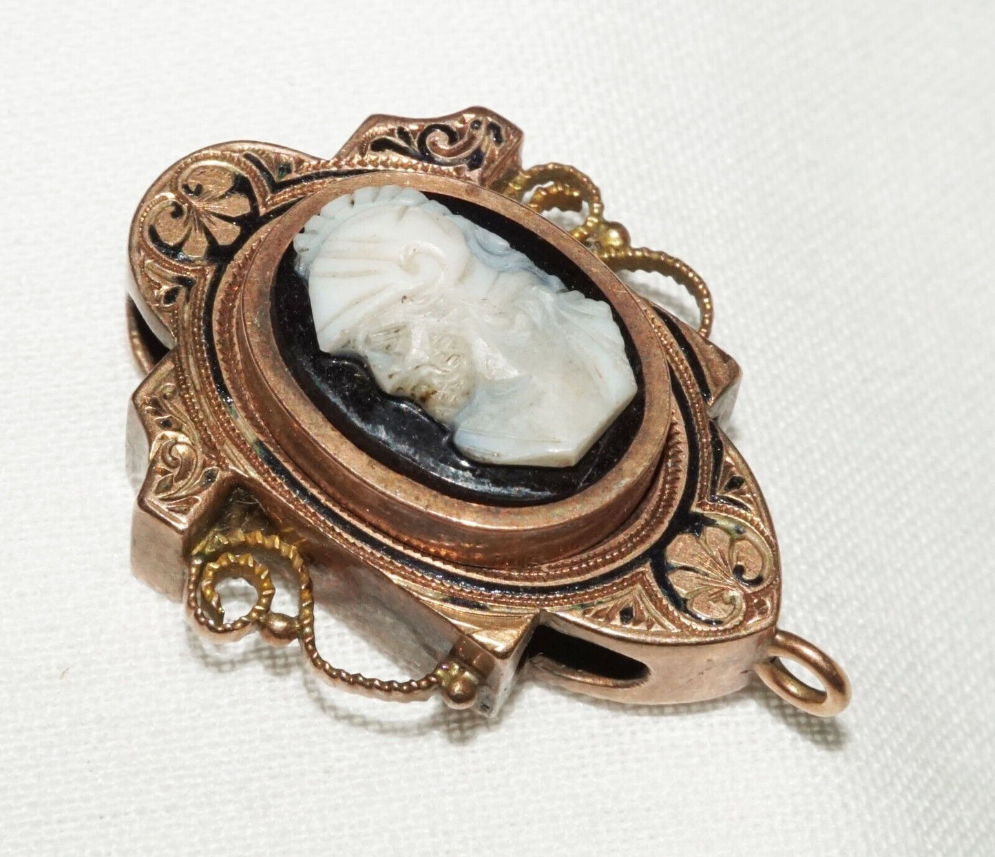 Antique Rose Gold & Black Enamel Slide Pendant w Shell Cameo Soldier Motif (AHB)