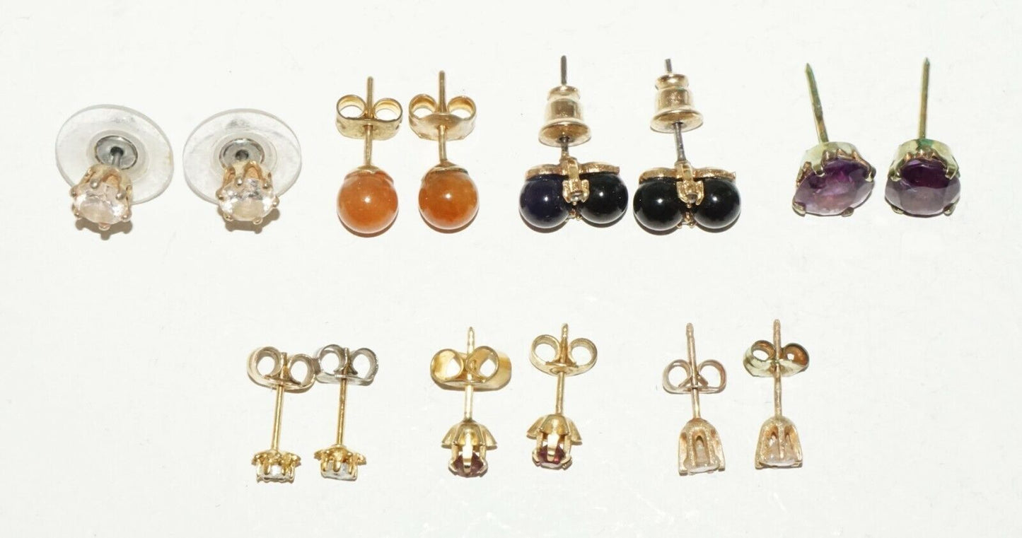 7x Pairs Stud Earrings w. Onyx Diamonds Jade Amethyst & Synthetic Gems (BrM)#41