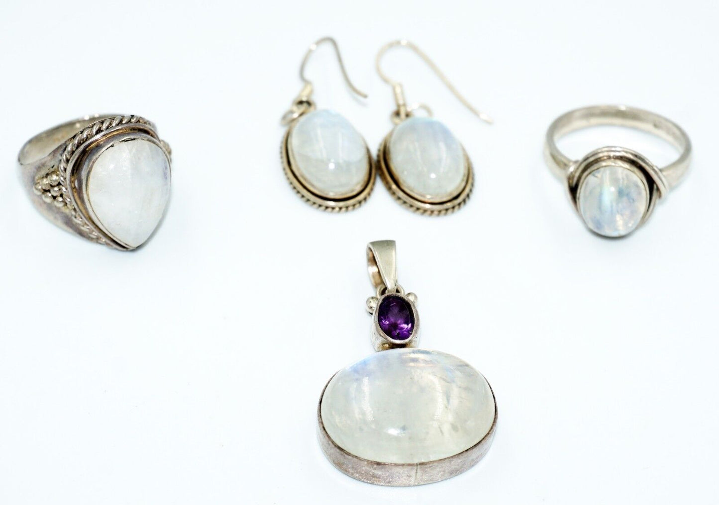 5Pc Sterling Silver & Moonstone Rings Sz.8, Pendant & Earring Mixed Group (Tra)