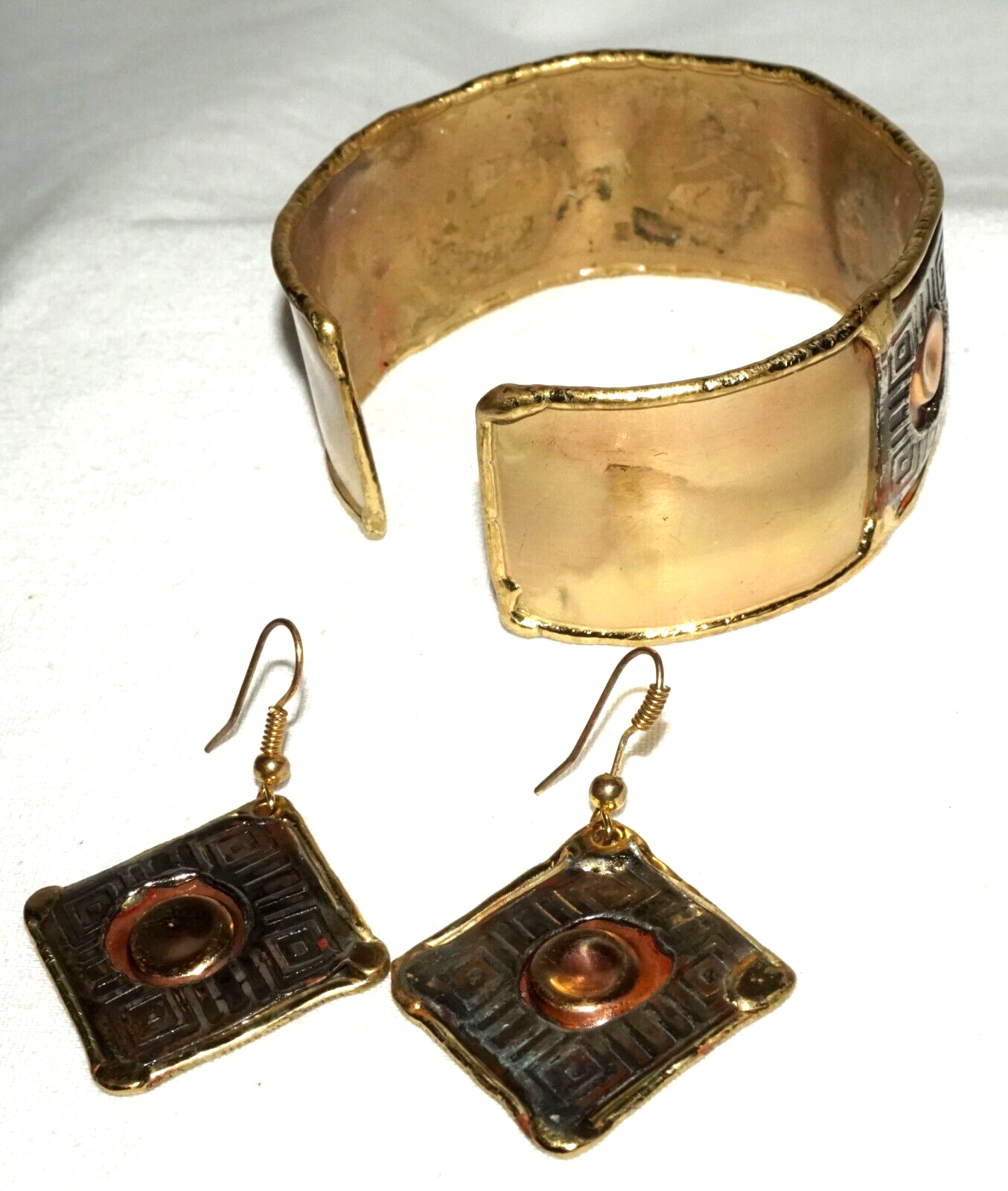 3Pc Modernist Silver & Copper & Brass Handmade Earrings & Bracelet (KoS) L13/19