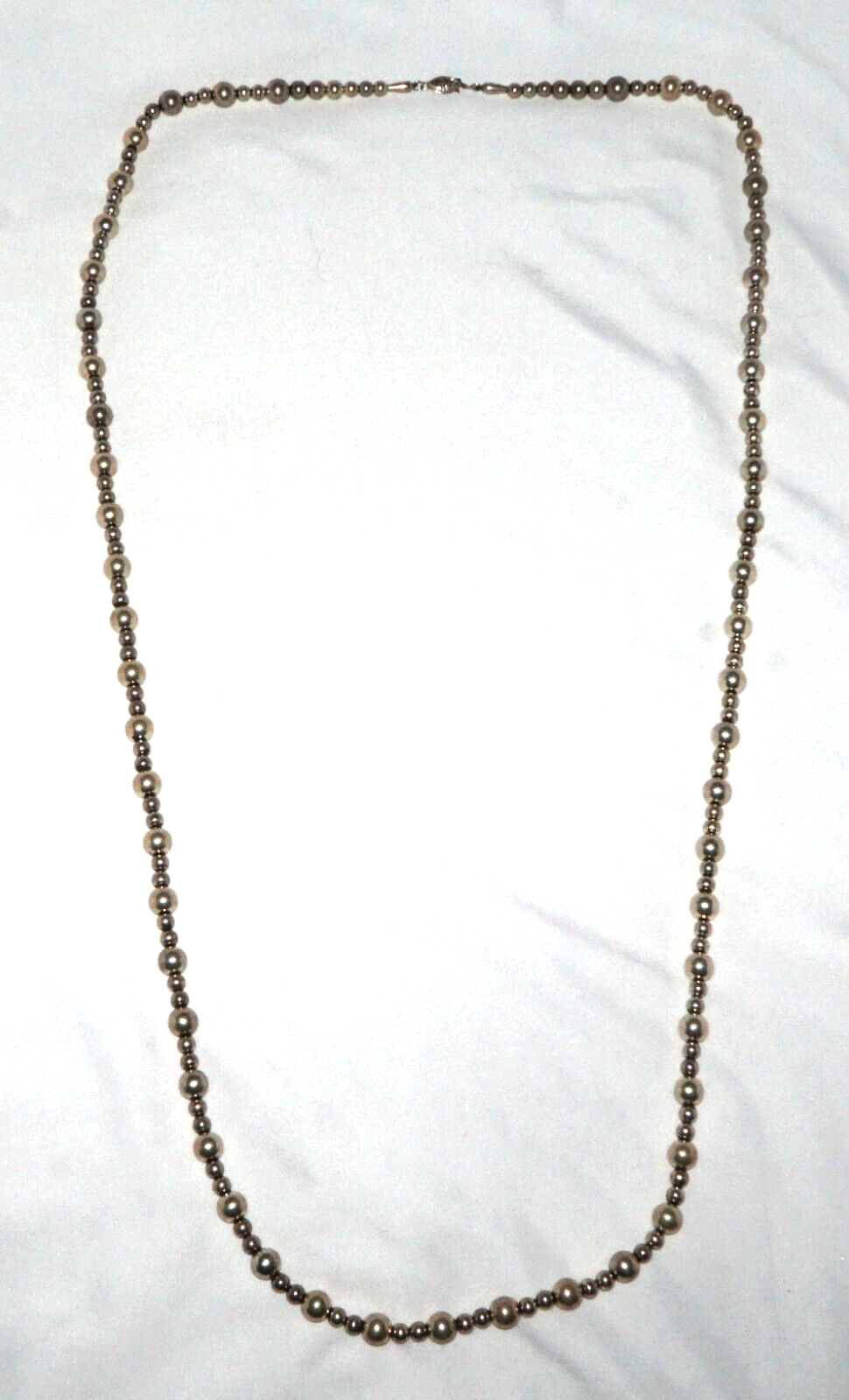 Vintage Silver Dark Tone Beaded Necklace w Fish Clasp - 40 inches (QuC)