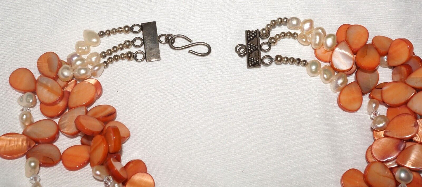 Orange Reef Drop Mother of Pearl & Pearl Necklace w Silver Tone Clasp (MaM)15