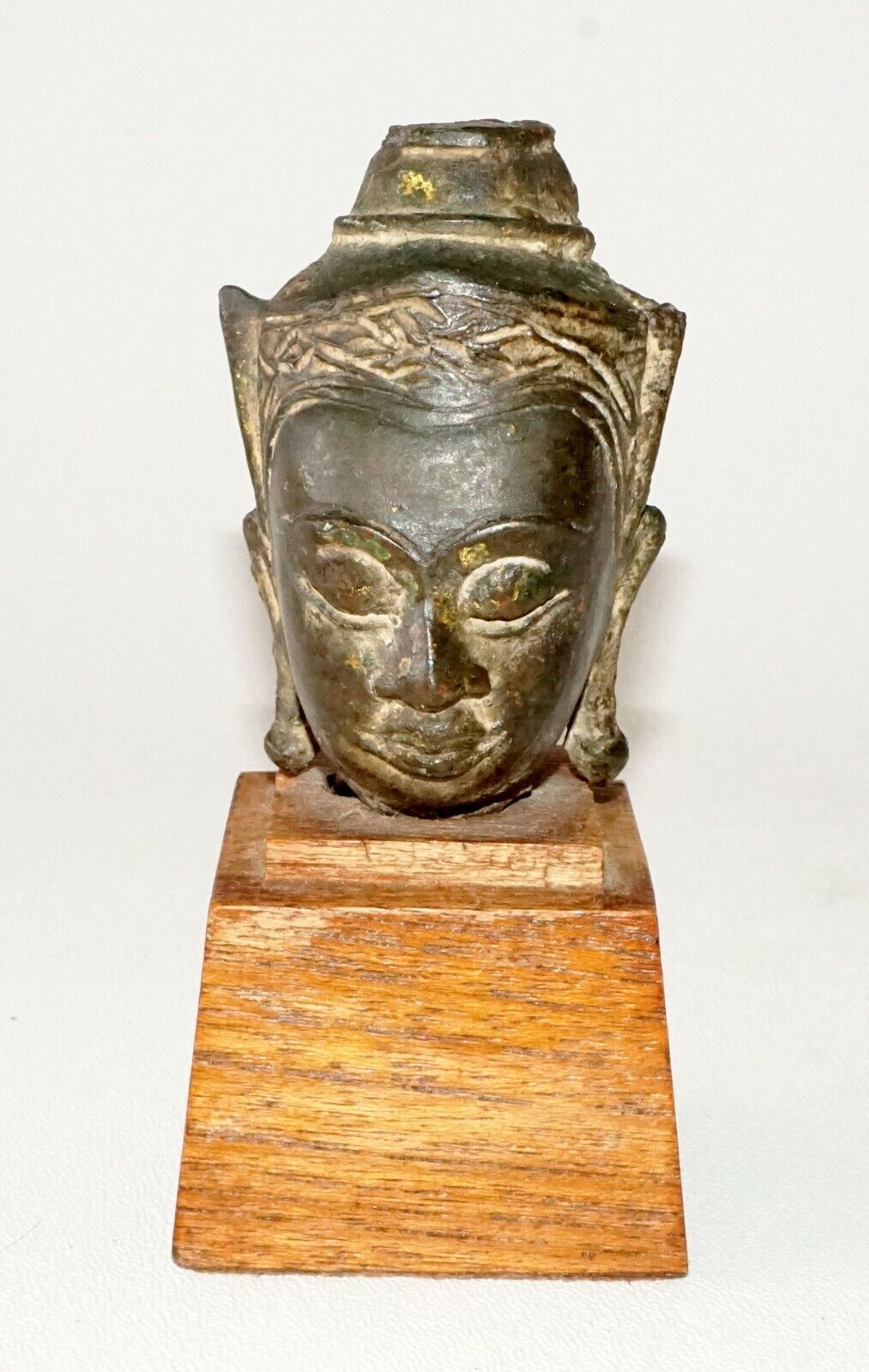 Antique S.E. Asian Mounted Bronze Buddha Head Fragment on Wooden Base (TaE)