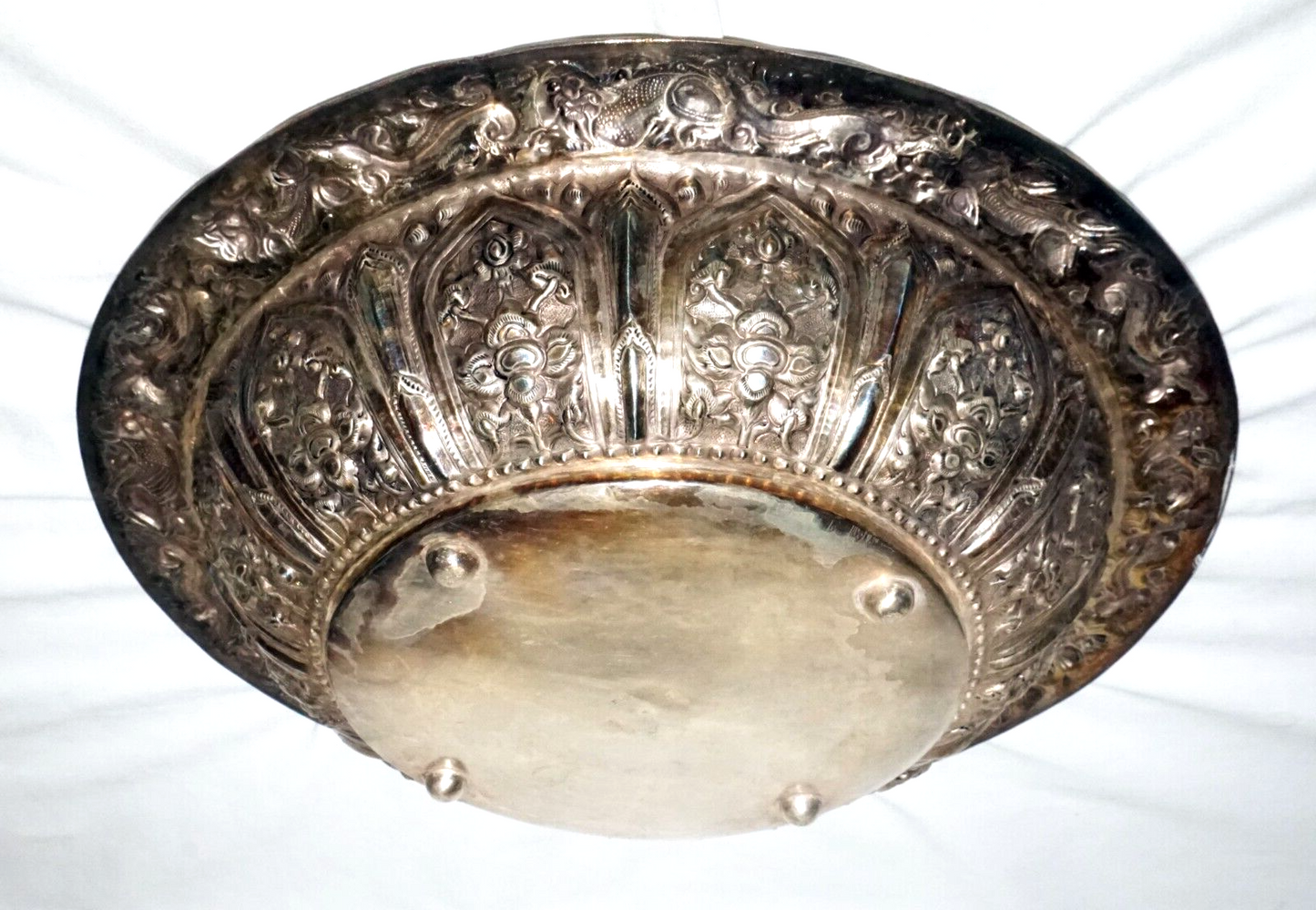 Vintage South East Asian Silver Alloy Deep Dish w. Relief Motifs & Marks (UVi)#7
