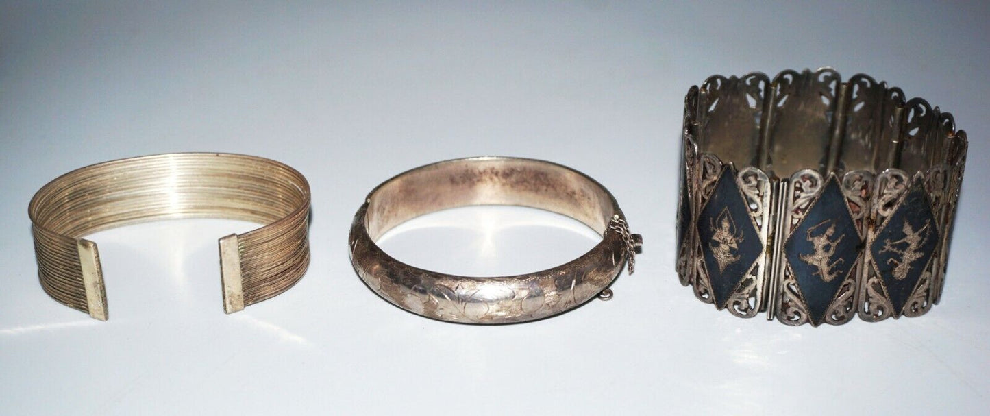 3x Sterling Silver Niello Ware Bracelet & Cuff & Hinged Bangle Mix Lot (NoN)BN8