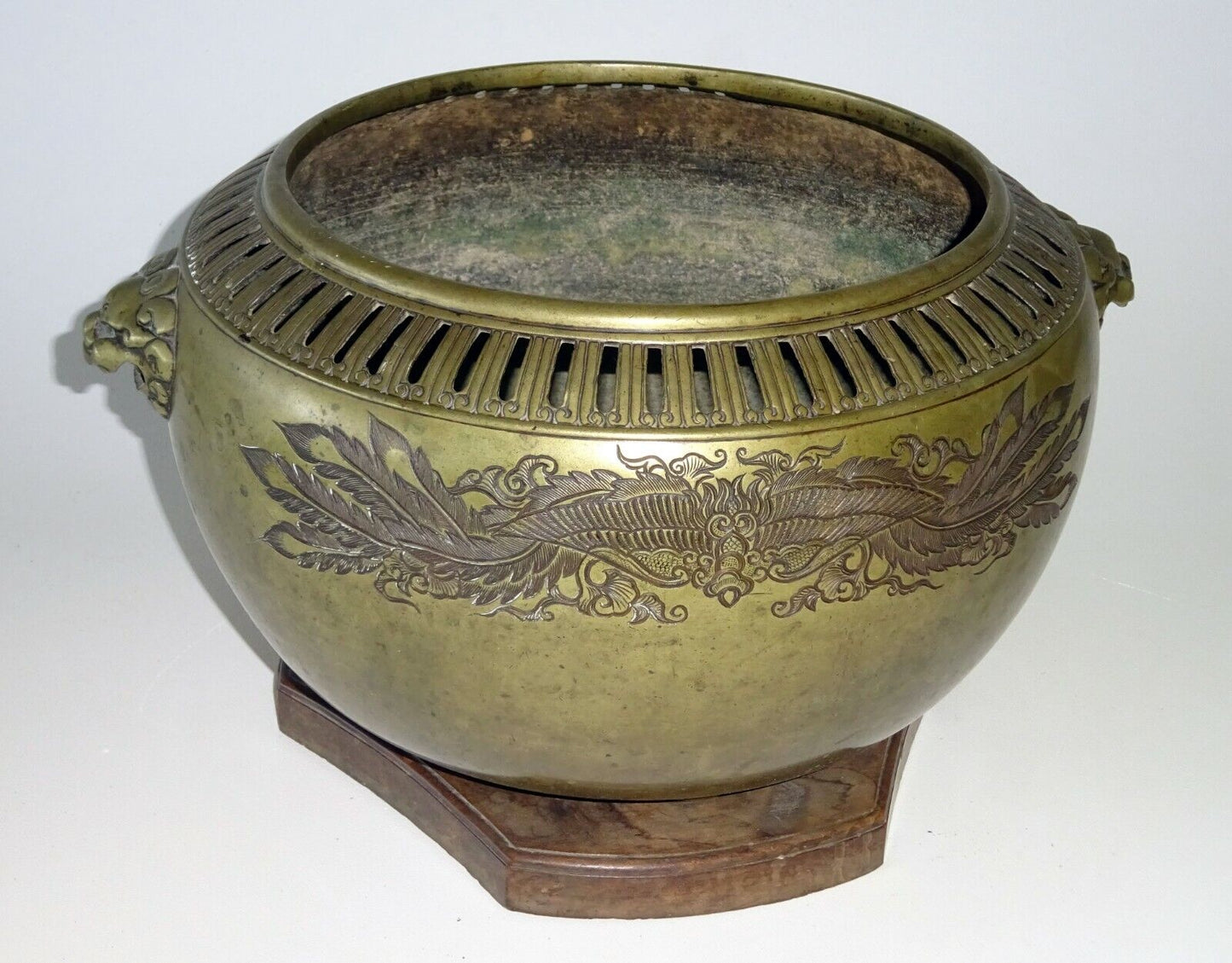 19C Japanese Meiji Large Tripod Brass Brazier w. Phoenix Motif Wooden Base (ASL)