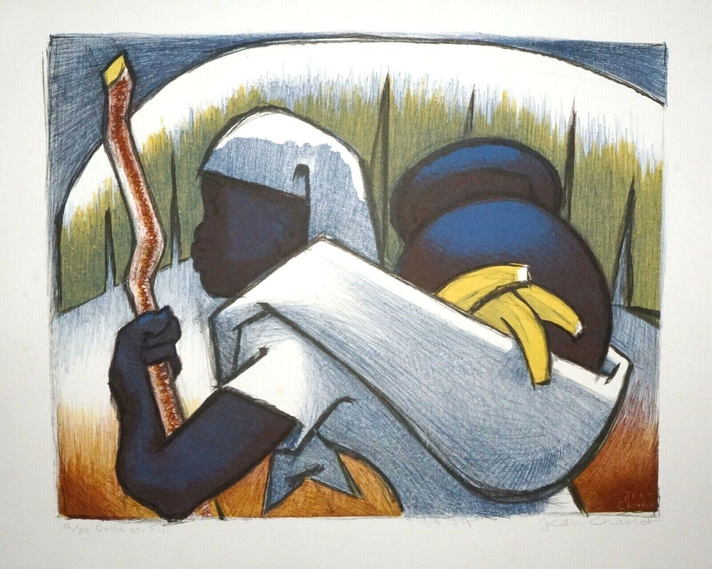 '78 Hawaii Fijian Print 12/30 "On the Go, Fiji" by Jean Charlot (1898-1979)(Mod)