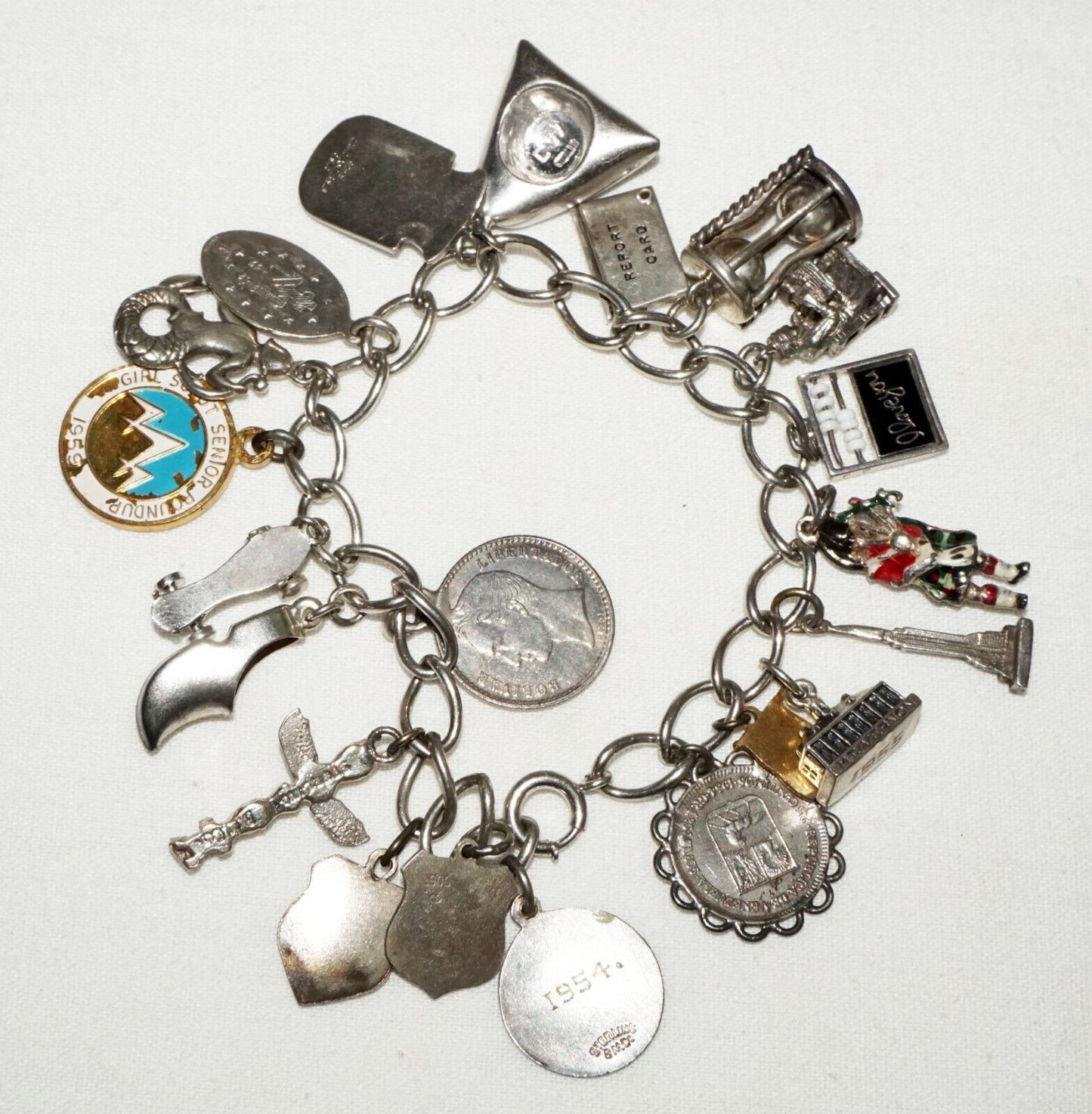 Vintage Sterling Silver 21x World Travel Charms Bracelet incl. Coins etc(KoS) L8