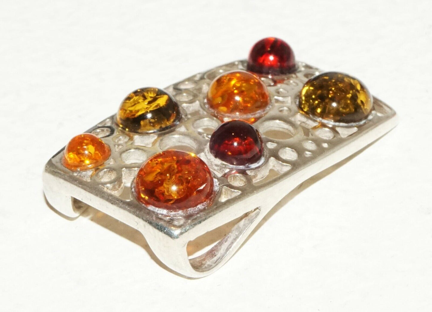 Modernist Polish Sterling Silver Pendant w. 7x Multicolor Amber Accents(HaY)#8