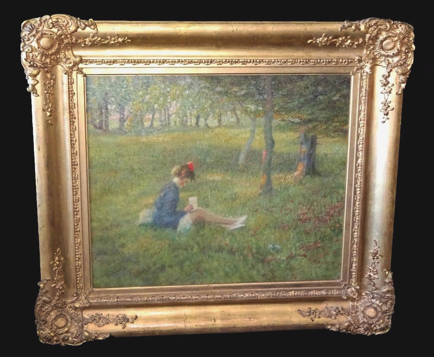 1910s Gilt Framed Oil Painting "Girl in the Meadow" by Emmet Owen Smith (Yir)
