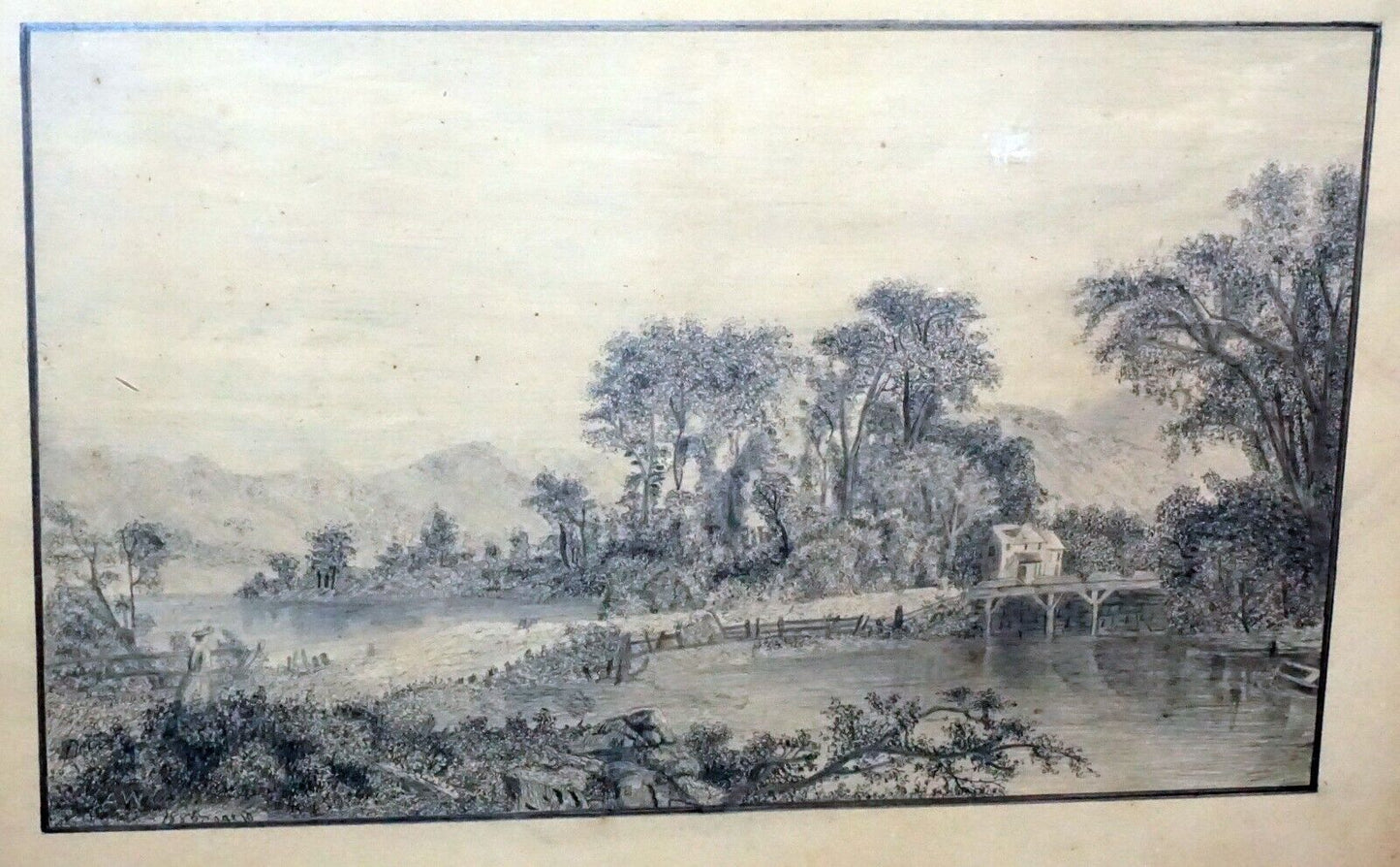 1883 US Gilt Framed Pencil Drawing Landscape w. Figure by A.W. (New)