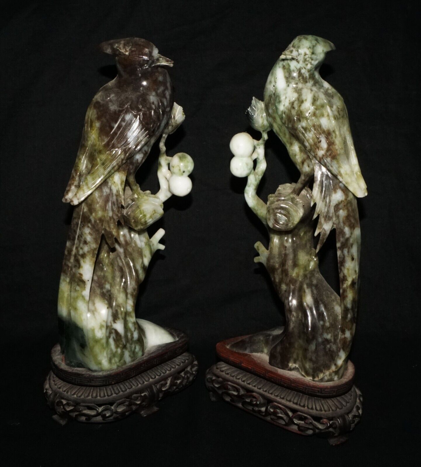 Pair Vintage Chinese Mottled Black Jadeite Jade Carvings Exotic Birds (LeD)