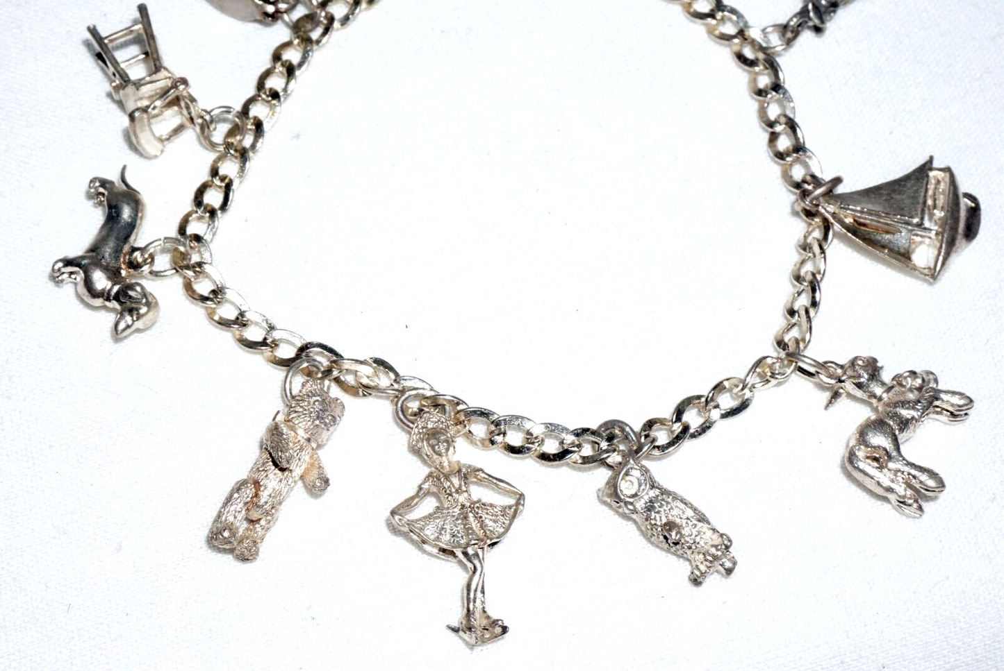 Vintage Sterling Silver Charm Bracelet w. 9x Charms Ballerina Wiener Dog (BrM)#6