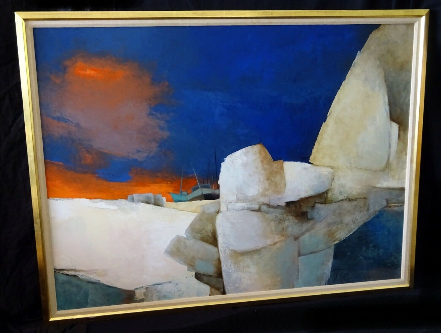 French Large Oil Painting Maritime Harbor-scape by Claude Gaveau (b. 1940) (MeG)