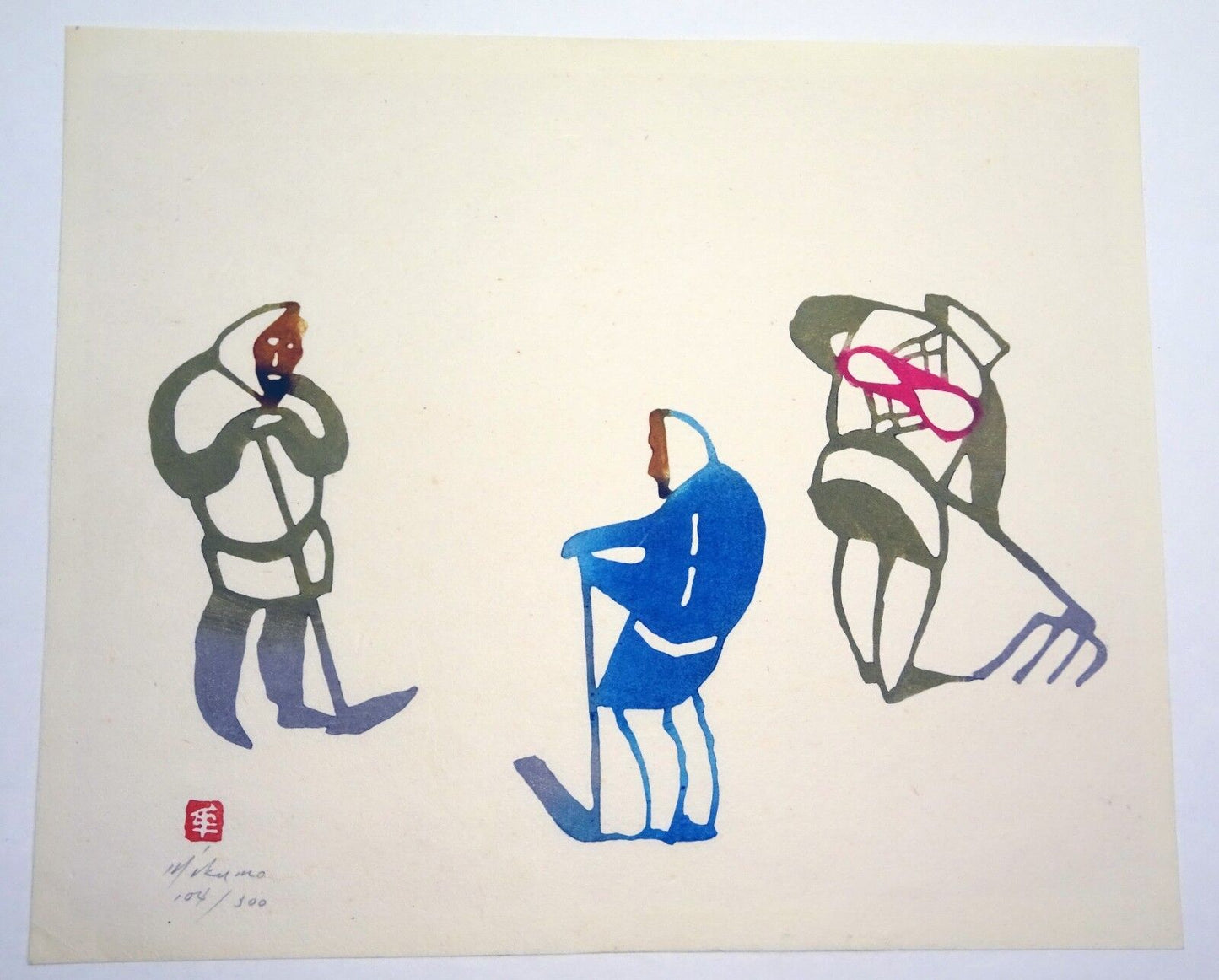 1960s Japanese Woodblock Print "Three Figures Working" by Mikumo Ishihara (Fur)