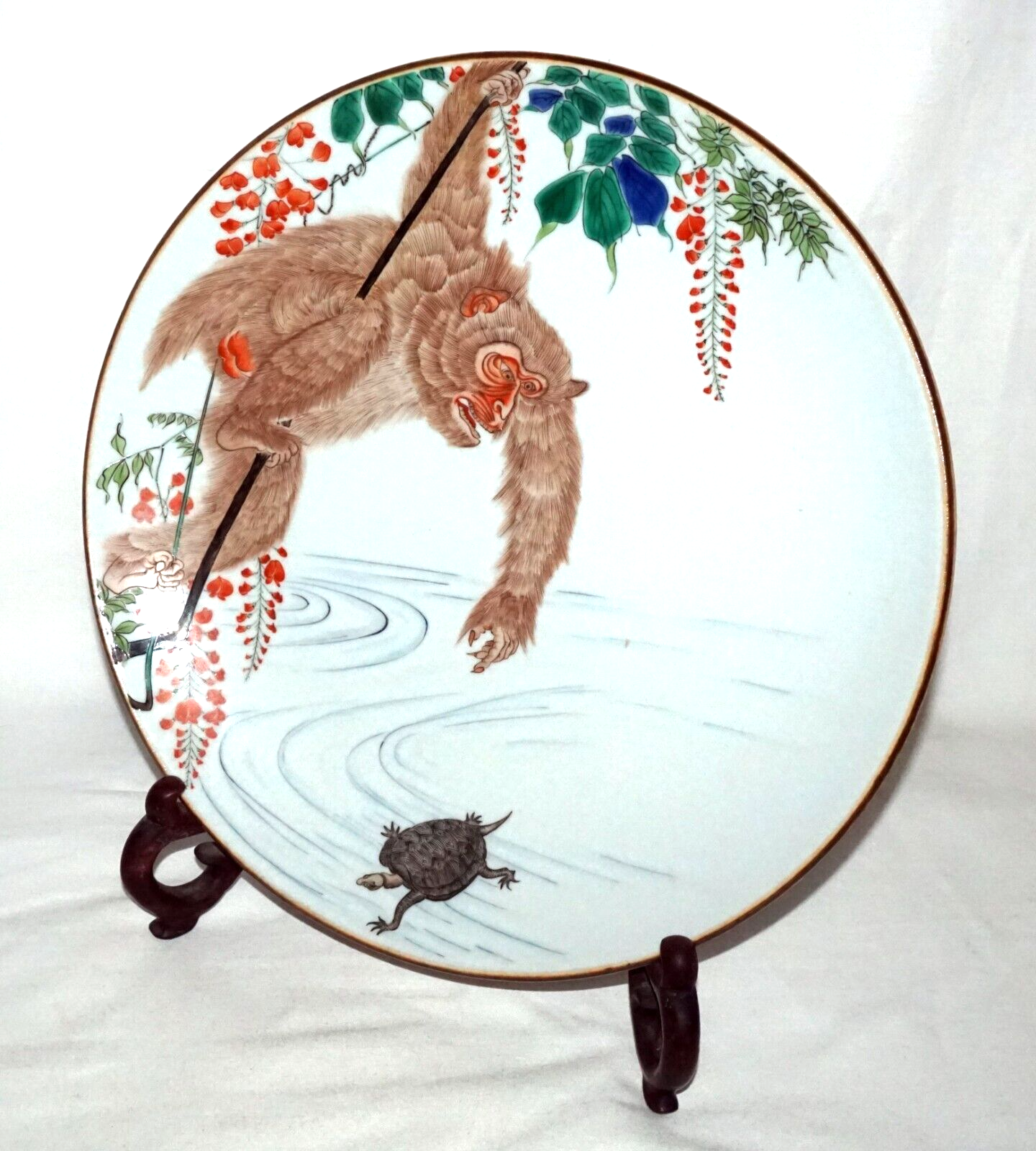 Japanese Meiji Kutani Ware Large Porcelain Plate w Monkey & Hairy Tortoise (FeH)