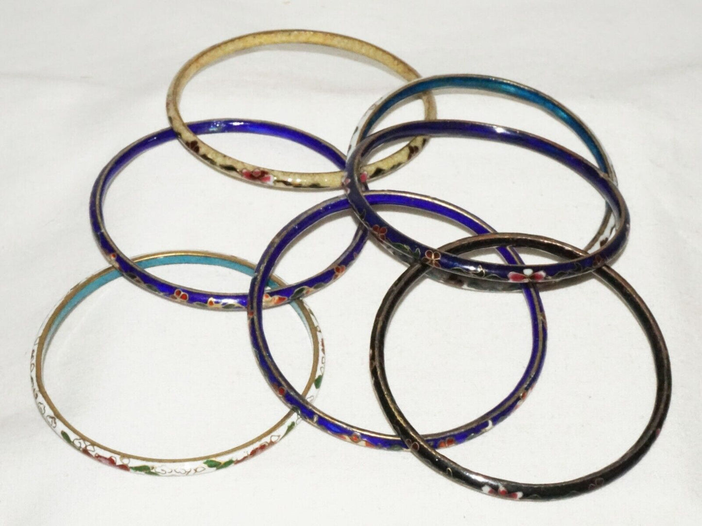 7Pc Vintage Chinese Multicolor Cloisonne Bangle Bracelet Lot w. Floral (LeS)L25