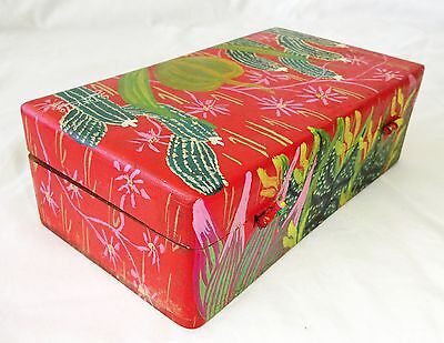 1980s Haitian Wooden Covered Boxes w Painted Cactus Motif by S. Bazile (Stea)