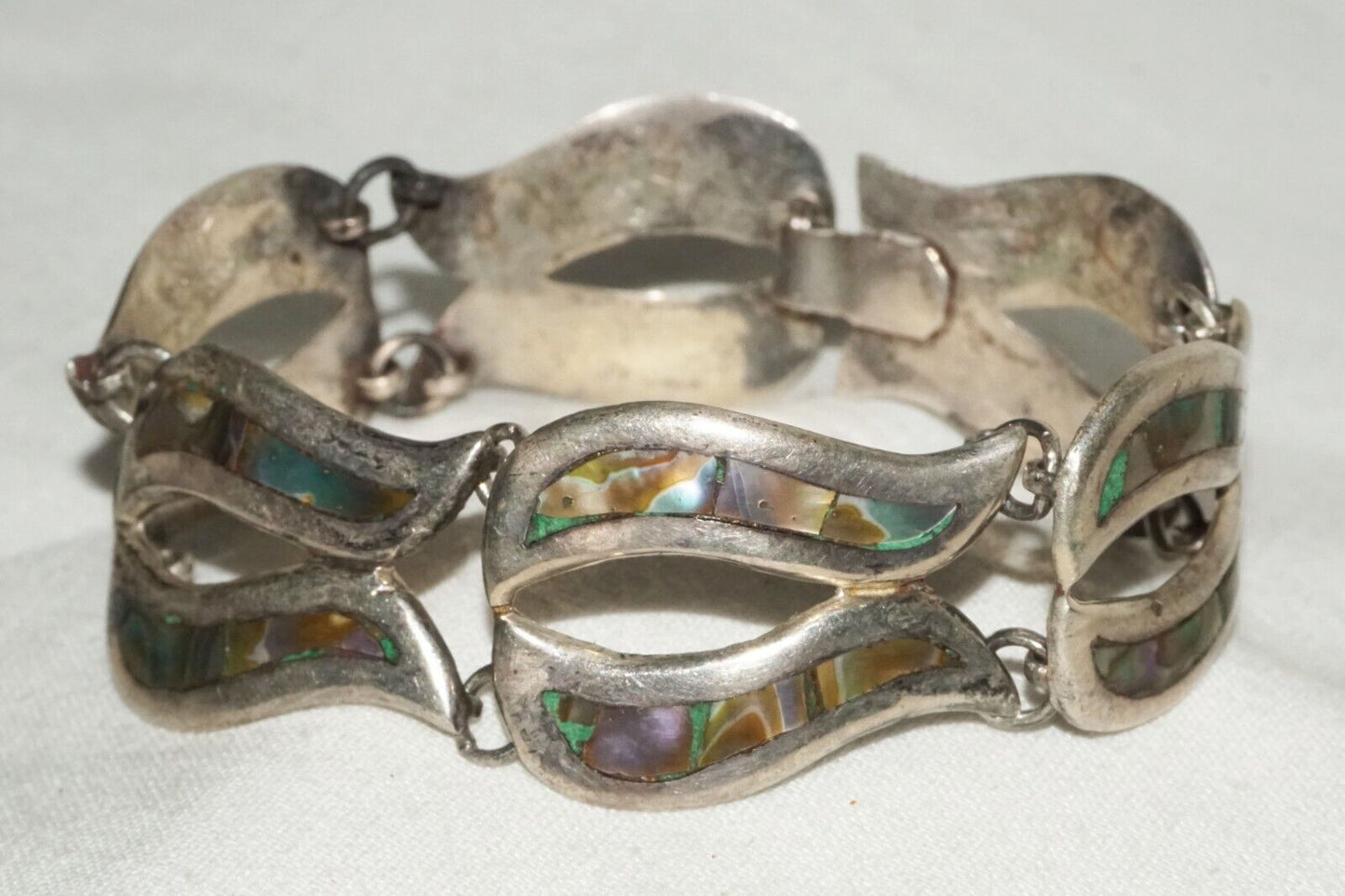 Vintage Mexican Modernist Sterling Silver & MoP Link Bracelet by DHS (TuD)