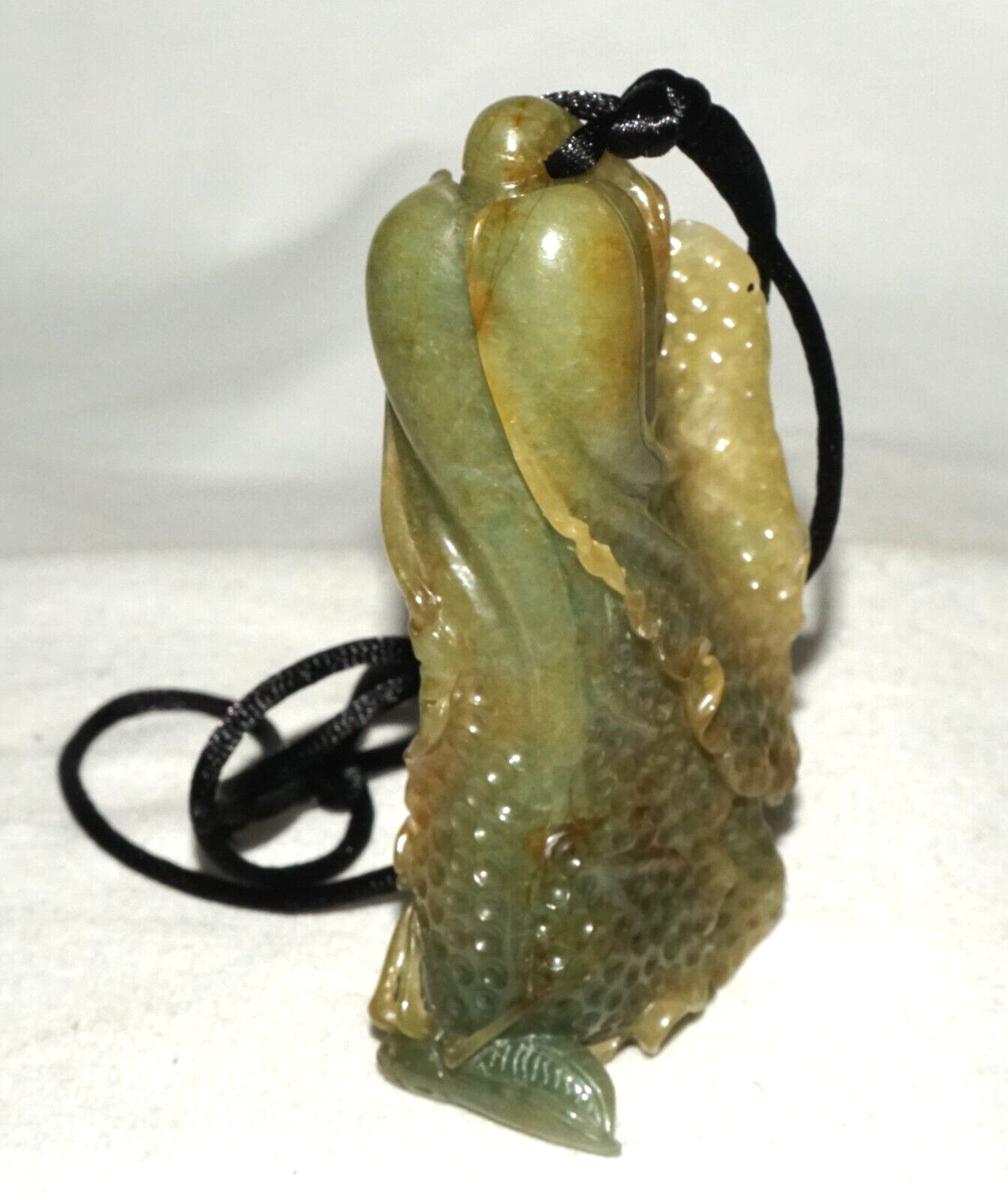 Vintage Chinese Green Jade Cabbage & Bug Motif Large Carved Pendant (LeS)L20