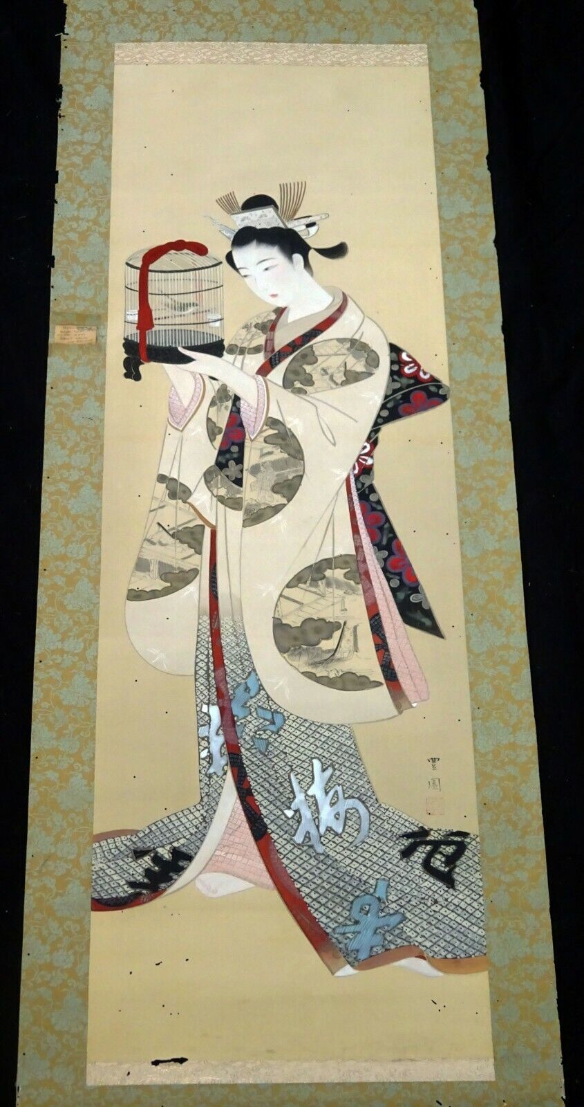 Japanese Taisho Showa Bijin Painting Beautiful Woman w. Bird Cage signed (Fuj)