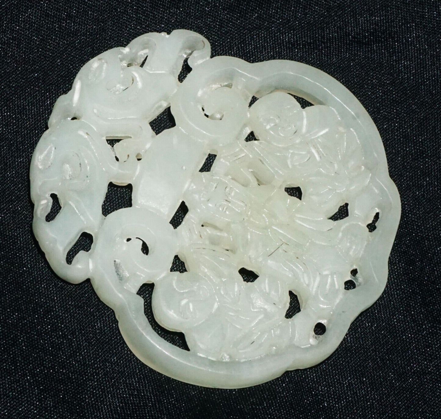 Antique Chinese Nephrite Jade Pierced Pendant Kwan Yin & Twin & Bat Motifs (---)