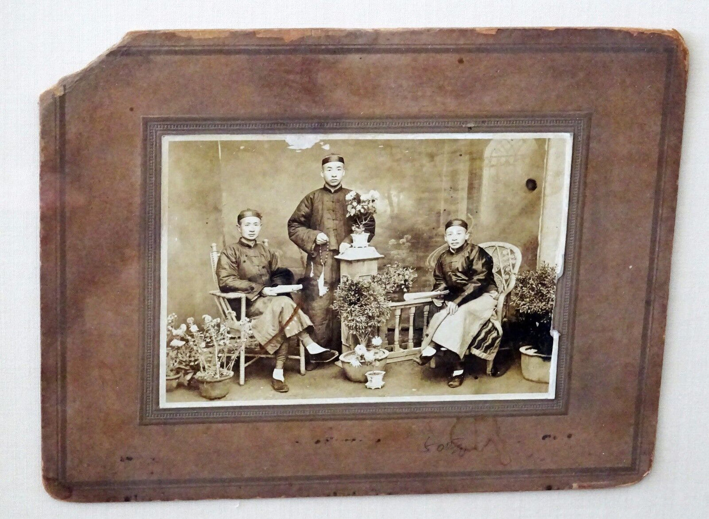 1900 Chinese Framed B&W Photo "Three Brothers in Robes" by unmarked (Mil) #7805