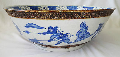 EARLY 20CT CHINESE BLUE & WHITE LG STONE WARE BOWL w. WARRIOR MOTIFS (BTG)