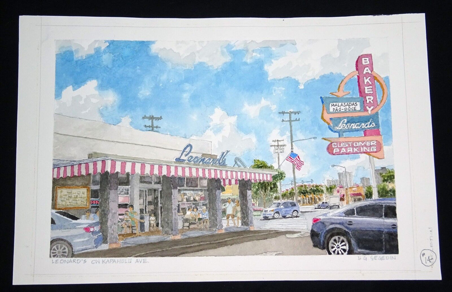 Original Hawaii Watercolor Painting "Leonard's Bakery Kapahulu" by L Segedin #14