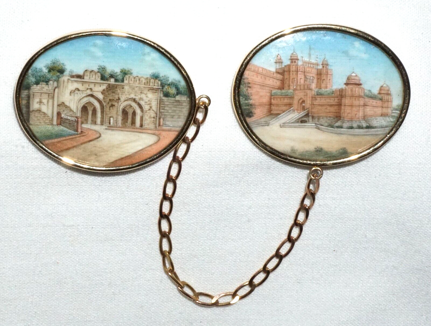 Antique 14k Yellow Gold Oval Painted Plaque w. Castle Motif Double Brooch (GeB)6