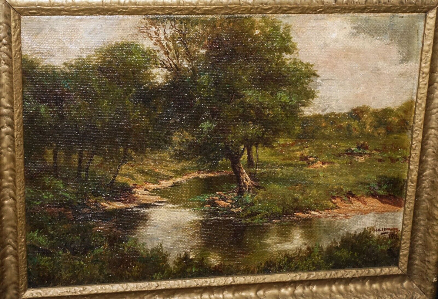 1911 US Framed Oil Painting Country Stream & Tree by L.H. Lemong (?) (New)