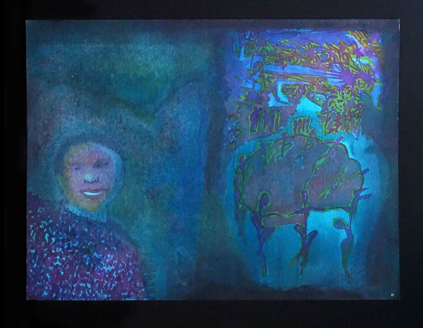 France Hawaii Outsider Art WC Painting Dark Figure & Dance Claude Vedel (EtJ)#14