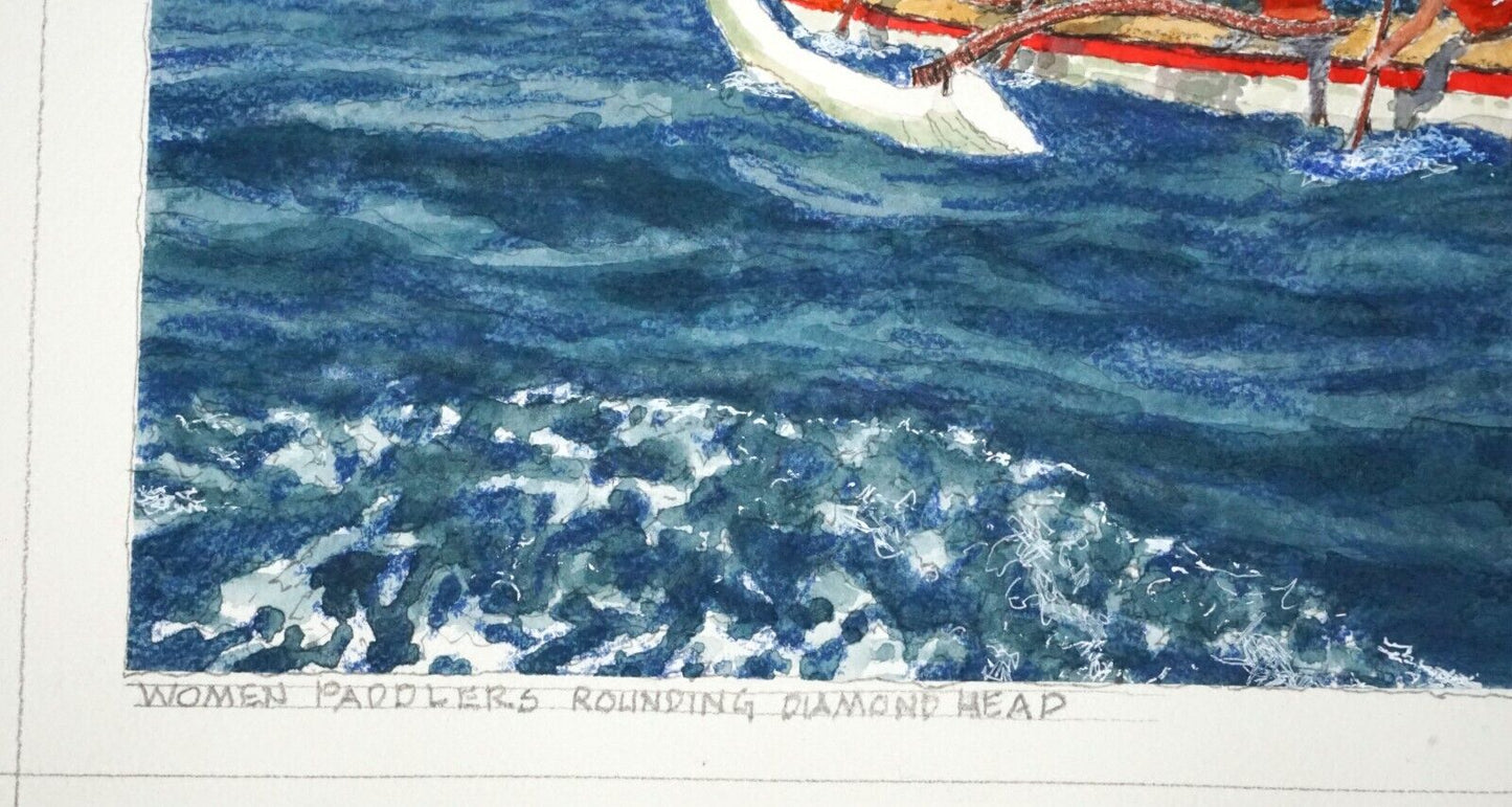 Hawaii Watercolor Painting Woman Paddlers Rounding Diamond Head L. Segedin #193