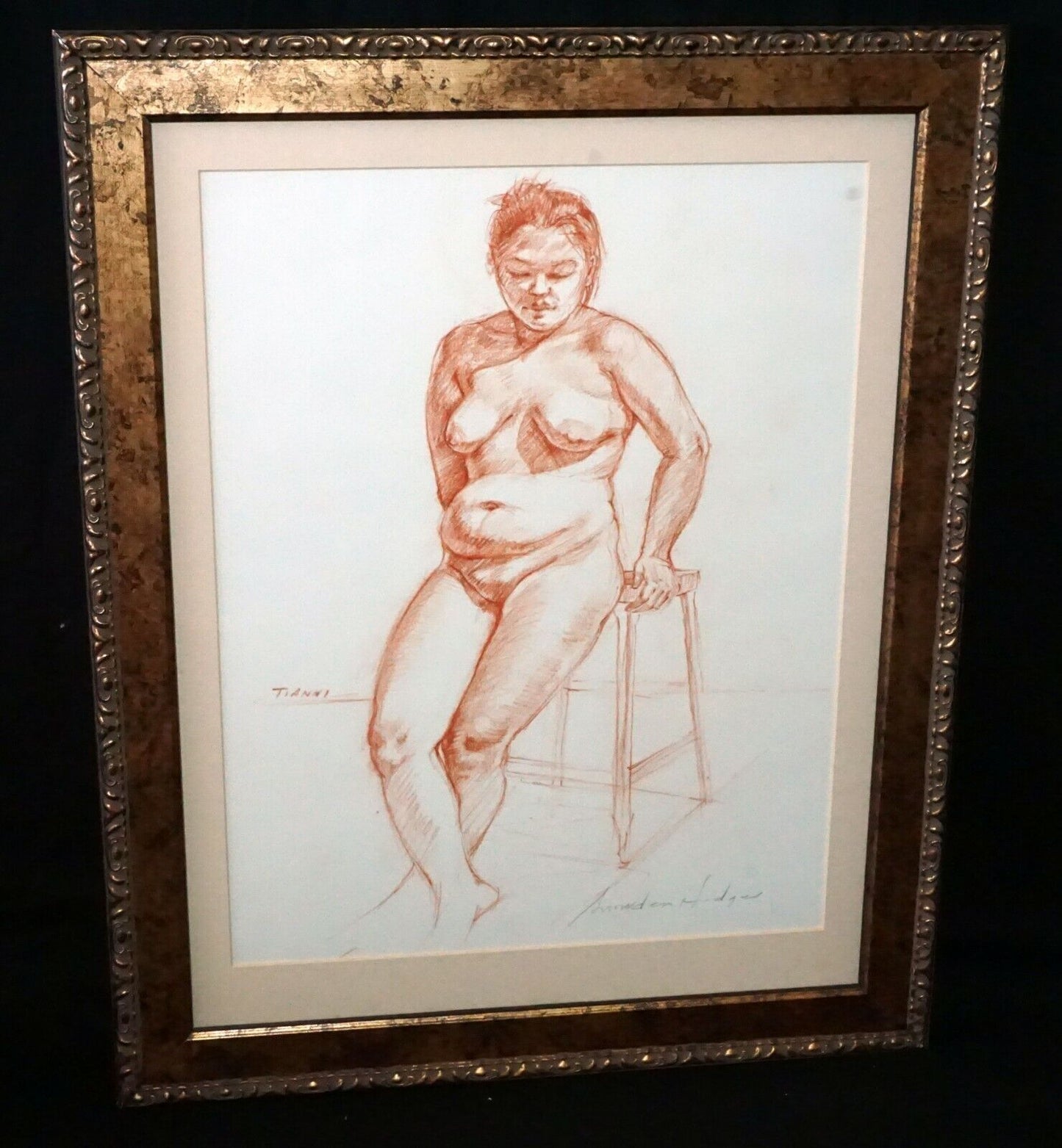 Hawaii Framed Conte Drawing Standing Female Nude Tianni by Snowden Hodges (Sho)