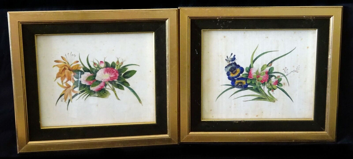 2Pc 19C Chinese Framed Export Floral Color Pith Painting Lot (AHB)