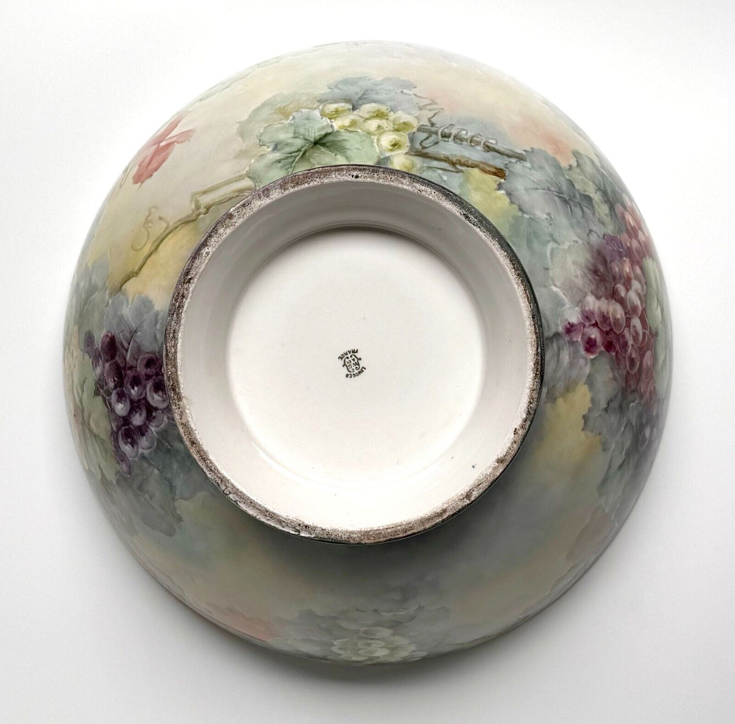 Antique Limoge 15 3/4" Footed Bowl w Handpainted Grapes, Leaves & Gold Rim (LeD)