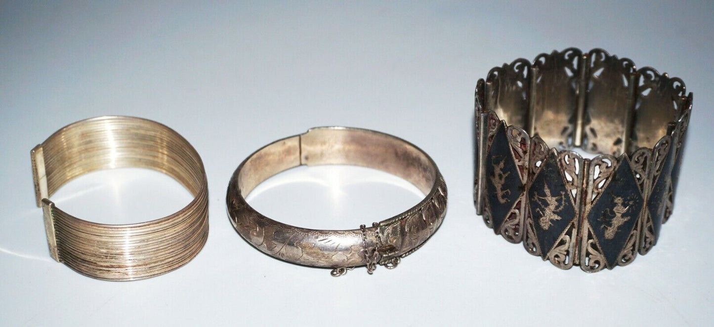 3x Sterling Silver Niello Ware Bracelet & Cuff & Hinged Bangle Mix Lot (NoN)BN8