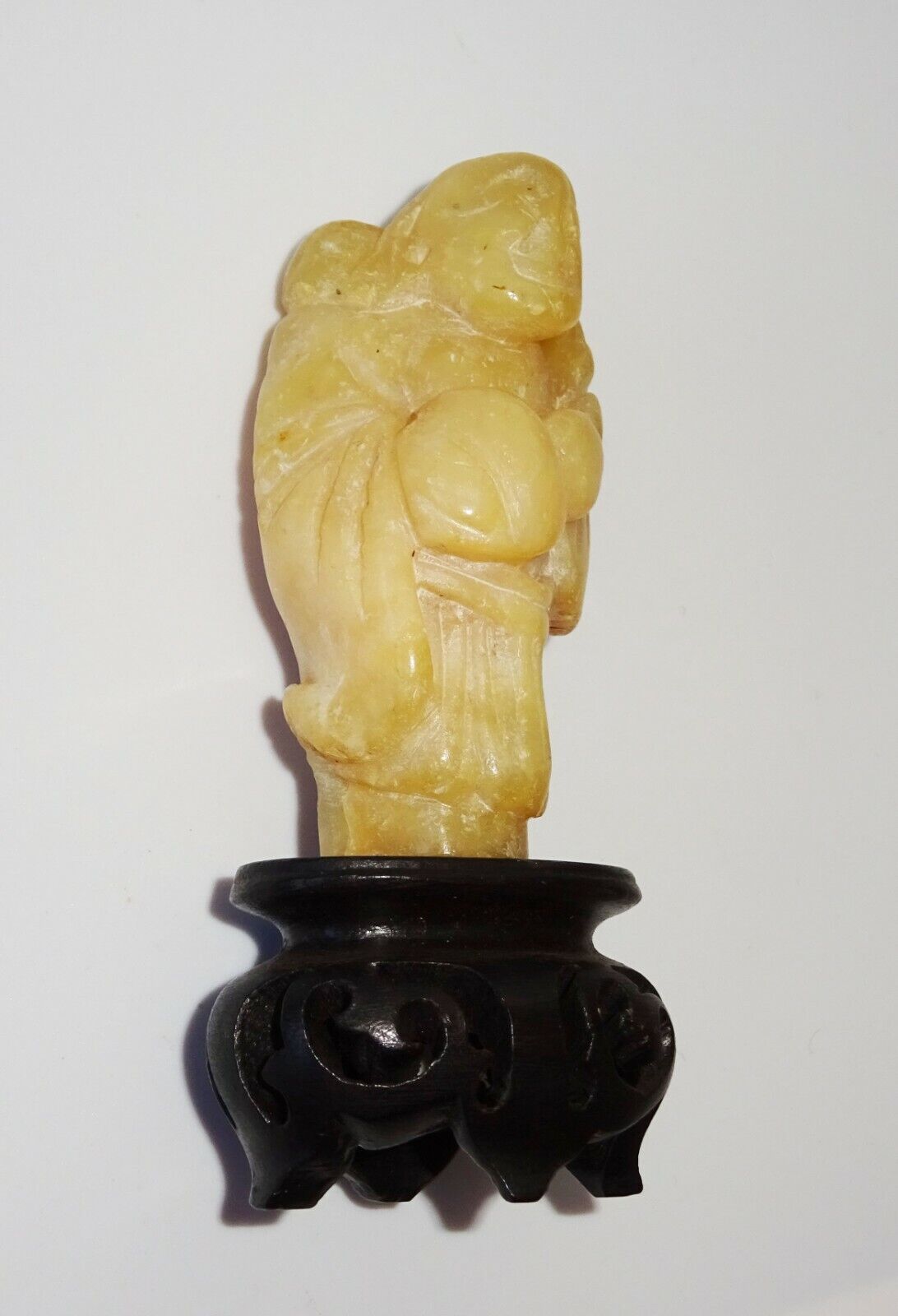 19/20C Chinese Yellow Jade Carving Deity & Gourd on Fitted Stand (FeO)#39