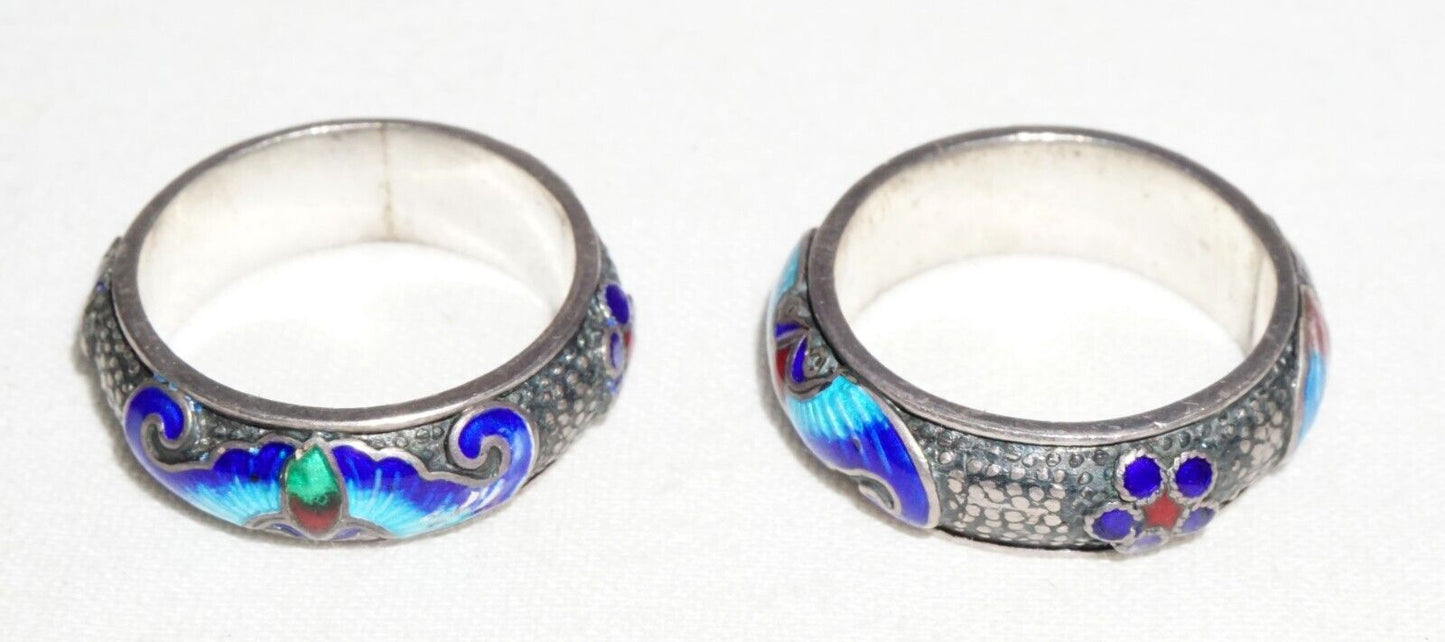 2Pc Chinese Silver & Multicolor Enamel Rings Sz.5 w. Bat Motifs (---)